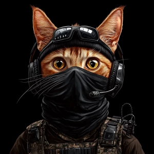 A wide-eyed ginger cat wearing a black tactical balaclava (or ma...