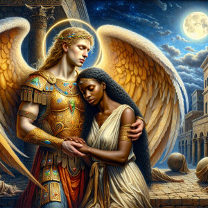 Create an oil painting image featuring a male angel and a grievi...
