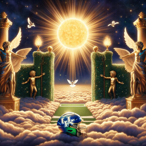 A heavenly setting with a golden sun emanating radiant light fro...