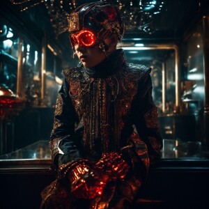 A grotesque vampire, his cybernetic fangs gleaming in the dim li...