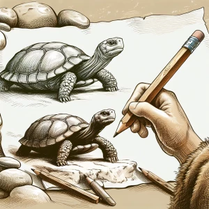 A drawing set in the stone ages incorporating a turtle and a pen...