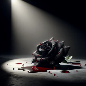 black rose with red  blood on it, strewn across stage , under a...