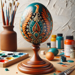 an ostrich egg painted in the style of Ukrainian egg decorating,...
