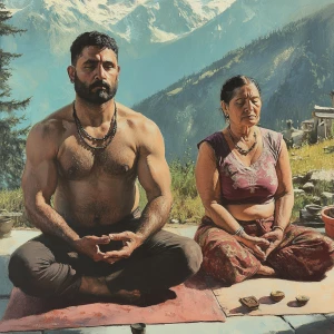 Realism art 1:1,A muscular beefy sweaty  man and his 50-year-old...