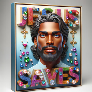 A 3D realistic artwork featuring the phrase 'Jesus Saves' adorne...