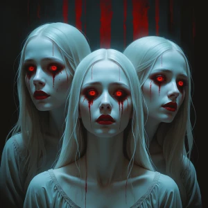 Three ghostly women, red eyes, red tears, pale skin, dark backgr...