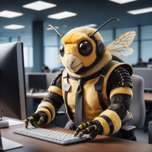 A worker bee dressed in business attire, sitting at a desk in an...