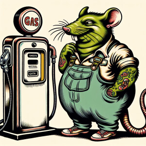 A fat green rat fink in a 1950s gas attendant uniform leaning ag...