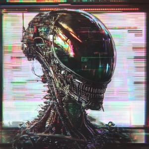 Depict a glitchy alien cyborg composed of VHS static and pixelated imagery intertwined with retro circuitry, all flickering on an aged CRT monitor, infused with the aesthetic of a 1980s 1292 Advanced Programmable Video System.