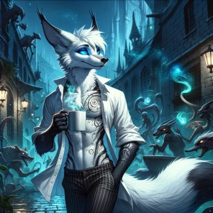 A gorgeous female fox with blue eyes and white fur, wearing an o...
