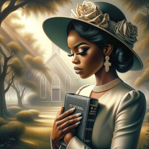 Render an airbrush oil painting of an African American woman with flawless makeup in a
contemplative pose, holding a Bible close to her heart, dressed in an elegant Sunday Best
outfit with a distinctive Church Hat. The background features a peaceful church garden,
with light filtering through the trees, highlighting her spiritual connection and the personal
moment of reflection. The artwork should capture the tranquility of the scene, the beauty
of her attire, and the depth of her contemplation, reflecting a serene and spiritually