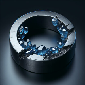 a wide flat ring of black metal with one jagged crack, blue ice...