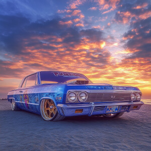 a heavily modified, lowrider blue 1965 Impala with custom wheels...
