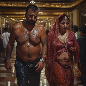Hyperrealism,A sweaty beefy man walking with his 54 year old kas...