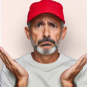 A very confused concerned middle aged man with a red baseball ca...