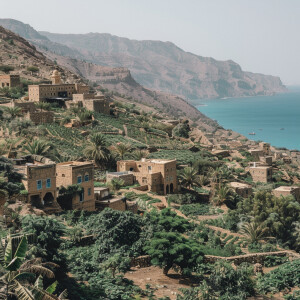 Yemeni village with coffee farms around with mountains and sea i...