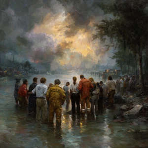 A dramatic and hopeful scene of Texas during a flood, heavy rain...