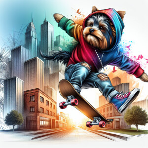 A Yorkie wearing Jeanshose and Hoody, colorful, anthropomorphic,...