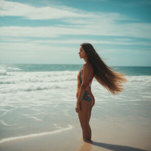 A girl on the beach with long hair in a swimsuit