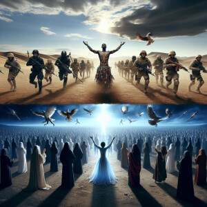 Imagine a vast desert landscape, blue skies fill he top half. Be...