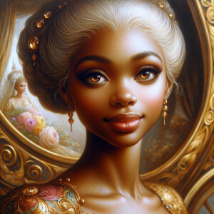 "An intimate, close-up oil painting capturing the elegance of a...
