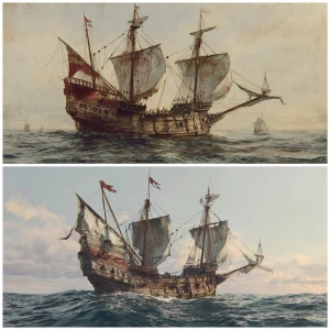 A vessel from the 1400s ship in the ocean same colors