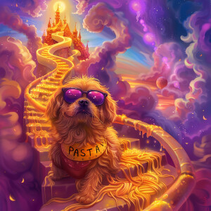 A cartoon-style Pekingese dog with sunglasses reflecting pasta i...