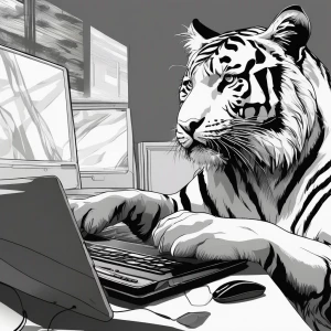 Süßer Tiger sitzt am Computer und spielt konzentriert