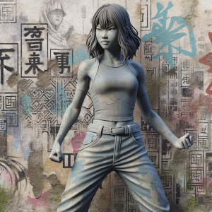 Athletic Thin skinny Attractive, Asian teenage girl, long brown hair and bangs, wearing tight skinny jeans and a halter top paint marks on her clothing, heroic pose Asian graffiti background