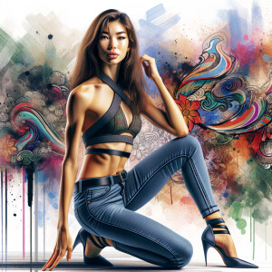 Very thin Athletic Thin skinny Attractive, Asian teenage girl, long brown hair and bangs, wearing tight skinny jeans and a halter top paint marks on her clothing, sitting side view heroic pose Asian graffiti