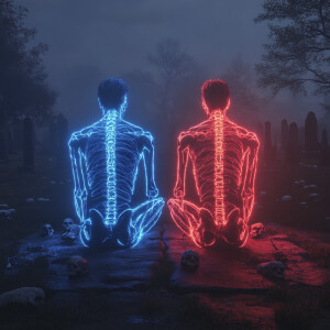 This is a CGI (computer-generated imagery) artwork depicting two...