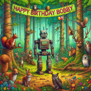 photorealistic image. rusty robot in a forest surrounded by his...