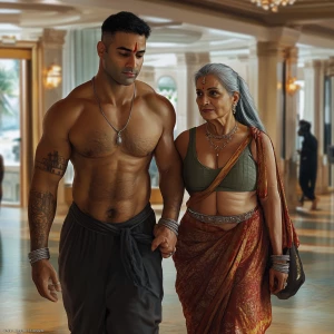 Realism Digital art HD.A sweaty  man walking with his mother in...