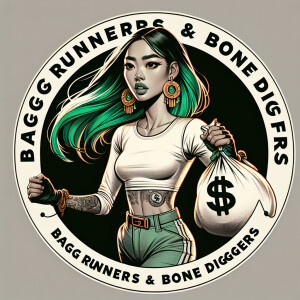 Create a detailed circular logo portraying a stylized cartoon mo...