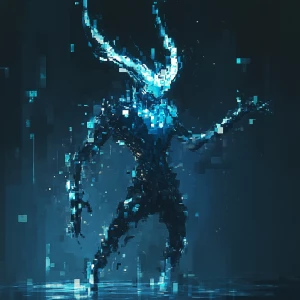 A futuristic, gleaming Draugr rises from the depths of a digital...