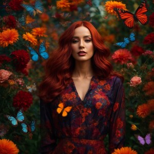 Create an image of an elegant woman with lustrous dark red hair...