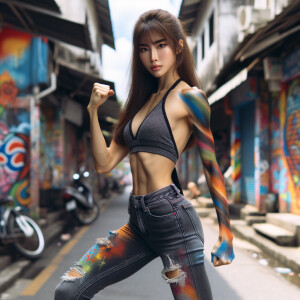 Athletic Thin skinny Attractive, Asian teenage girl, long brown hair and bangs, wearing tight skinny jeans and a halter top paint marks on her clothing, heroic pose Asian graffiti background