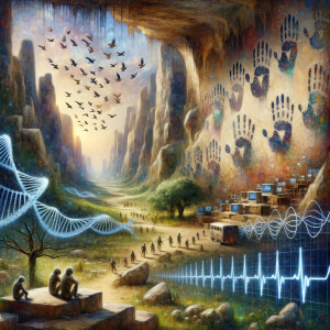 lie detector graphs, cardio, printout , branches infinity sign, cave, Art, handprints, distant birds flying, flowering vines, abstract gestural painting, dna cave drawings galaxies electrical cardiogram