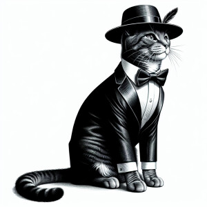 cat dressed in a tuxedo,, hat fedora, art