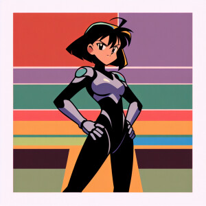 1990s anime screencap, girl a plugsuit, standing with hands on h...