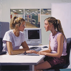 two girl talking in computer room