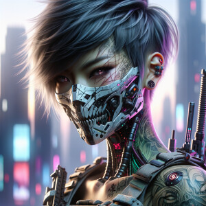 Cyberpunk-themed artwork; A close-up of a short haired, skin head female cyborg wearing a highly detailed scratched mask and tactical armor, in the style of Guweiz, featuring a sharp, black dragon head with neon accents, beautifully infected machine parts, a detailed feminine face with tattoo, futuristic hairstyle, and terminals on the cyborg. Background is blurred cityscape.