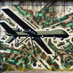 A mural of graffiti art on a wall within a military drone traini...