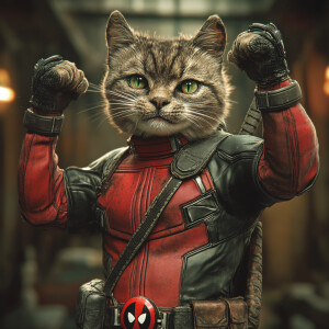 An anthropomorphic cat dressed in a fitted Deadpool costume,  st...