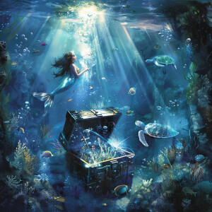 Illustrate a captivating scene of an underwater treasure chest b...