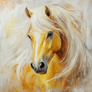 cute yet formidable feminine yellow horse with white mane, oil p...