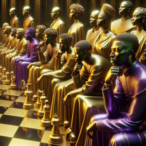 3-D realistic oil, painting, Oh a gold, and purple human chessbo...