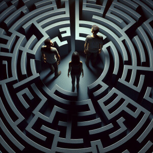 An overhead view of two men and one woman standing in a black ma...