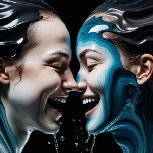 Hyper realistic, two faces made of water looking at eachother, o...