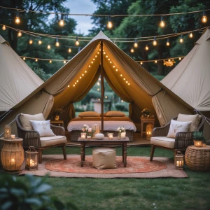 Elegant glamping party arrangement in a picturesque garden with...
